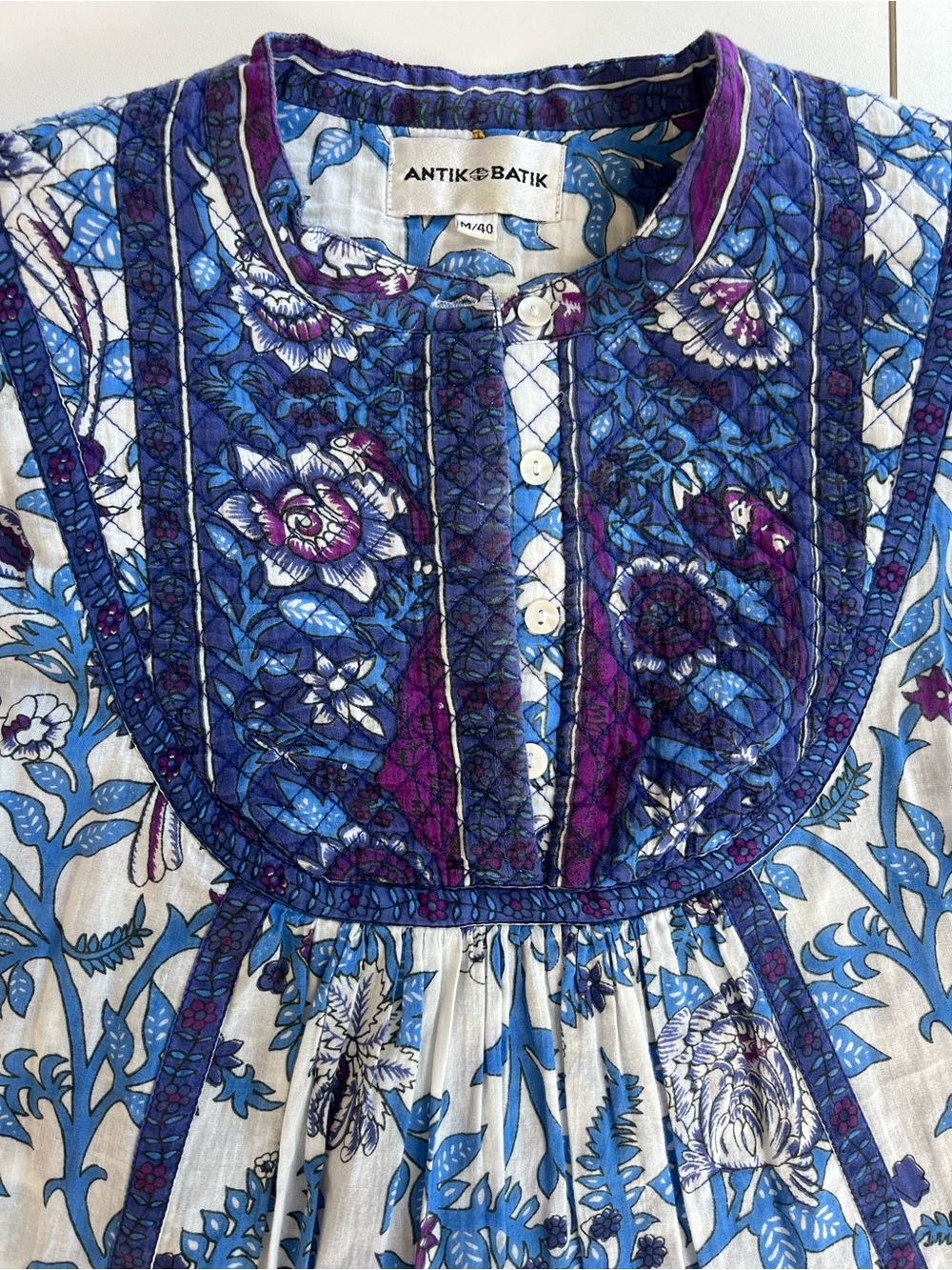 Antik Batik Blue Floral Boho Blouse Quilted Yoke Puff Sleeve Top M - Picture 3 of 4
